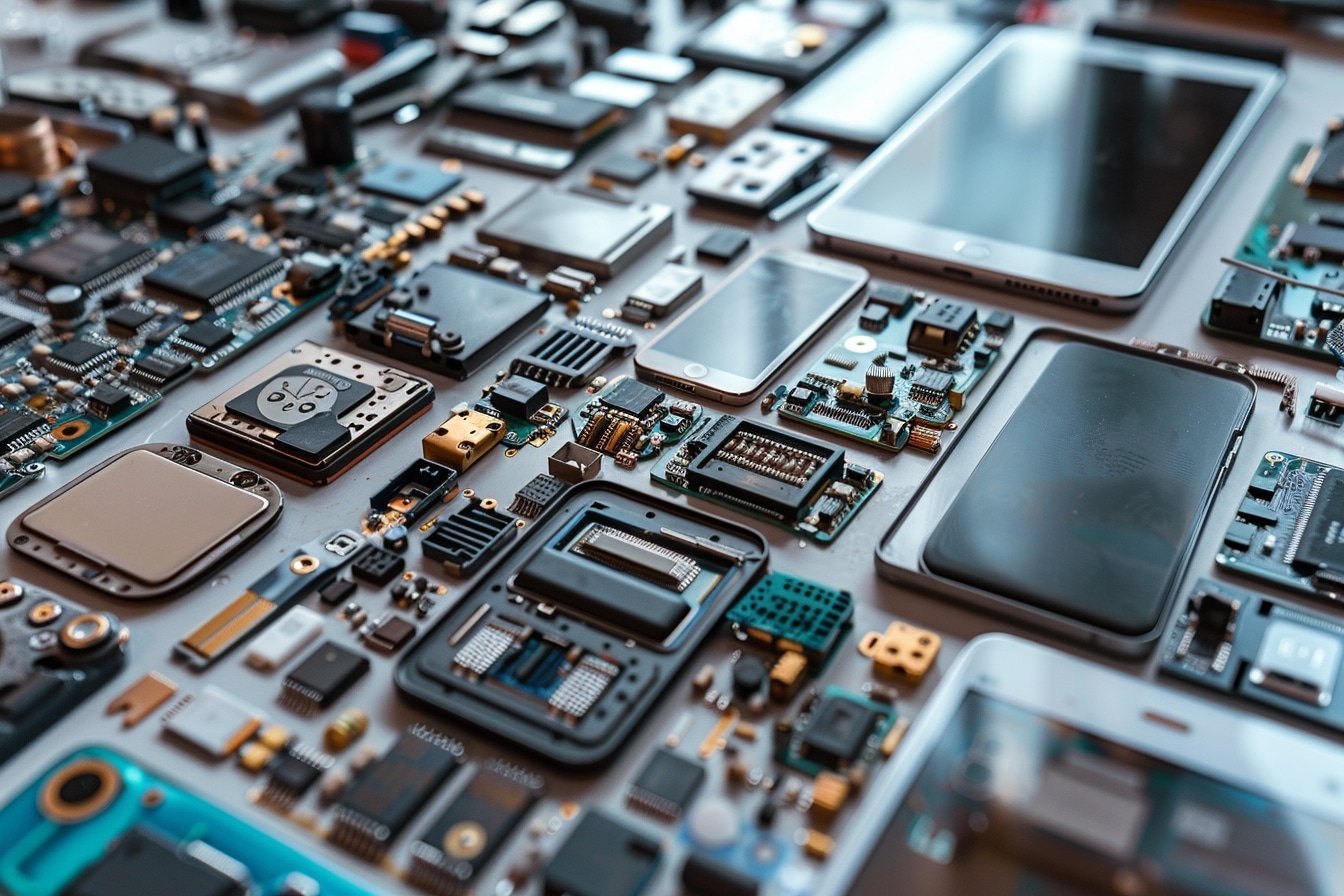 Composants de téléphone sur une table Éléments de smartphone en vrac